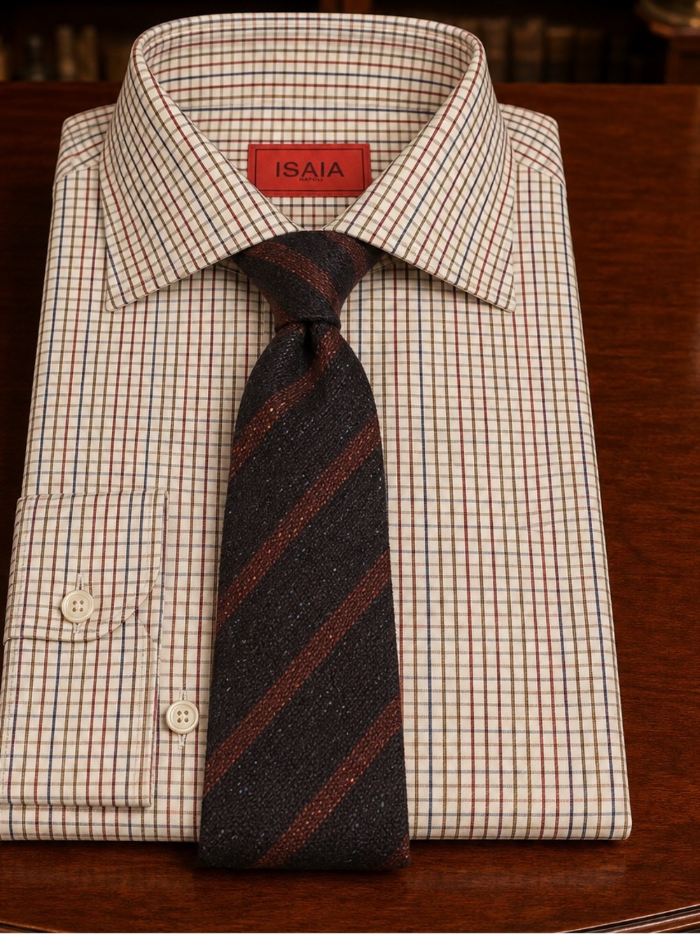 Isaia Check Dress Shirt with Brown and Blue Windowpane w/ Luciano Barbera Tie